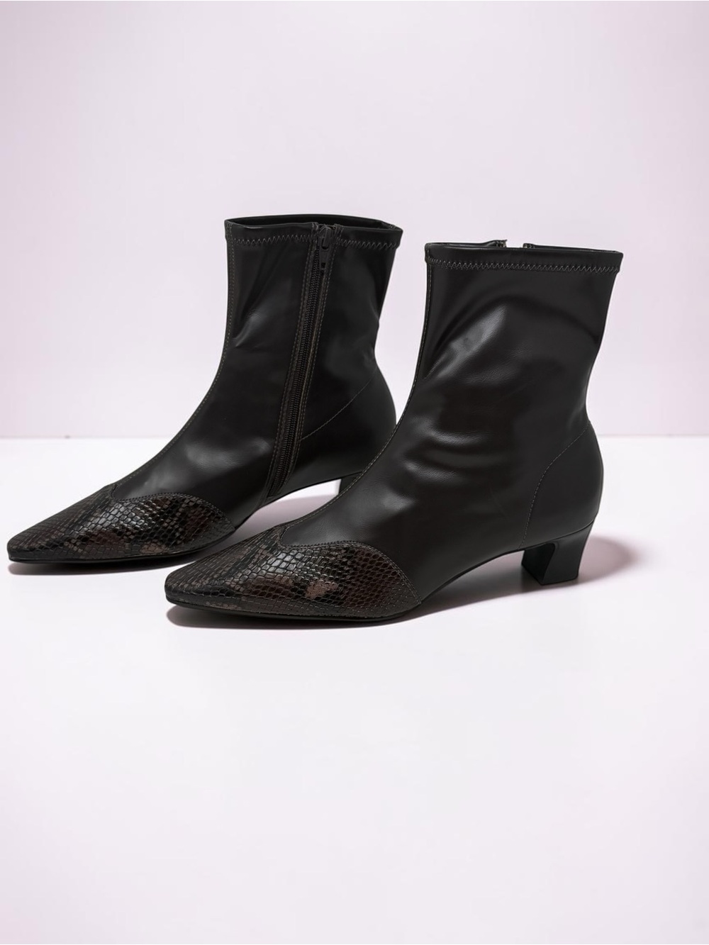 ✨ Anthropologie Maeve Pointed Toe Snakeskin Cap-Toe Stretch Ankle Booties ✨ - Picture 8 of 12